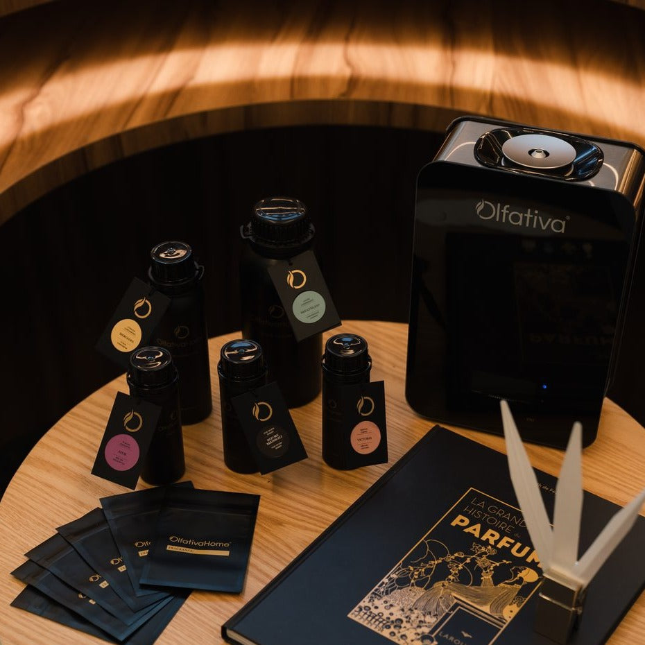 Olfativa Home Scent Samples with desiccants, jars, and a diffuser