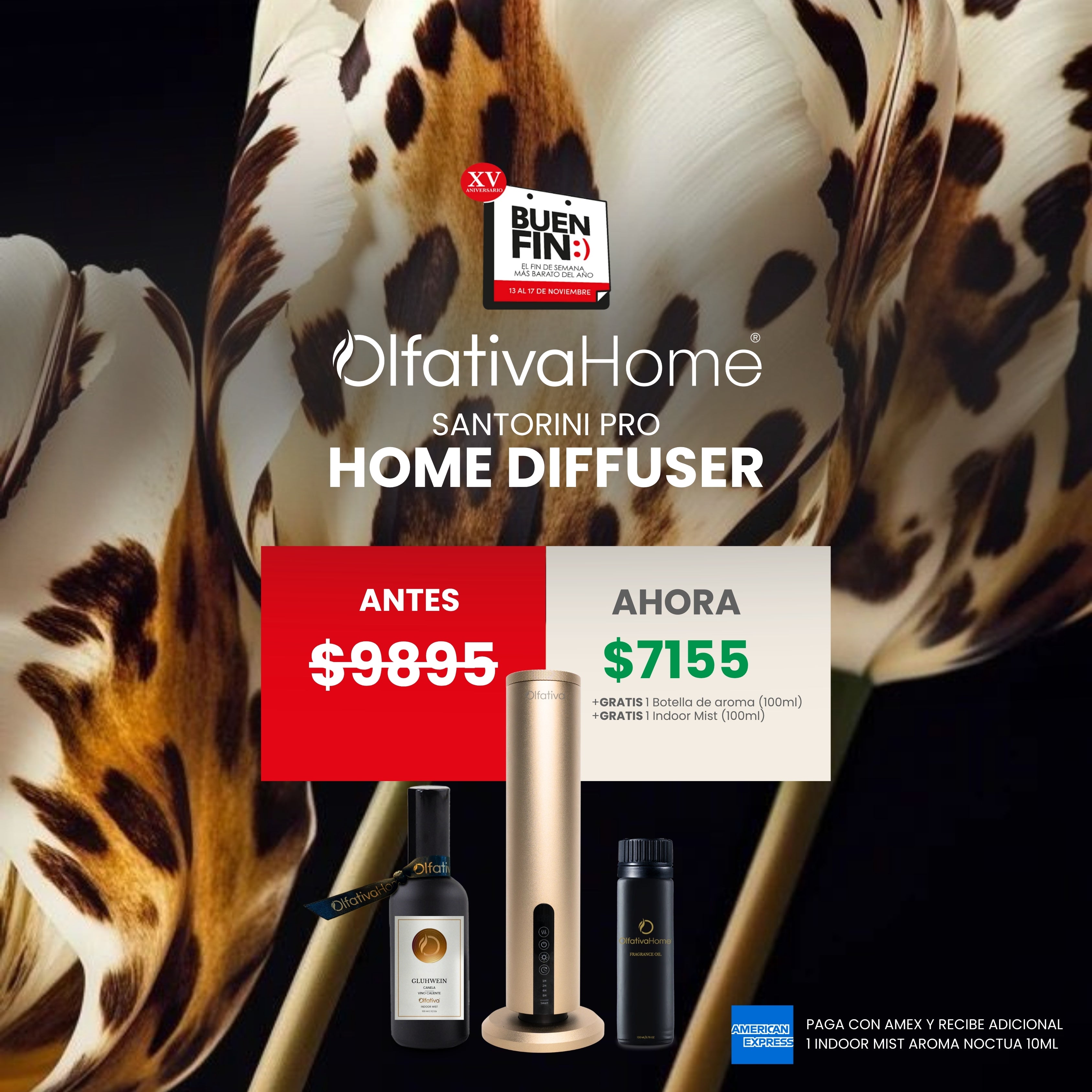 SET Difusor Santorini PRO con Suscripción de aroma. Recibe GRATIS: un Aroma de 100 ml + un Indoor Mist navideño de 100 ml.