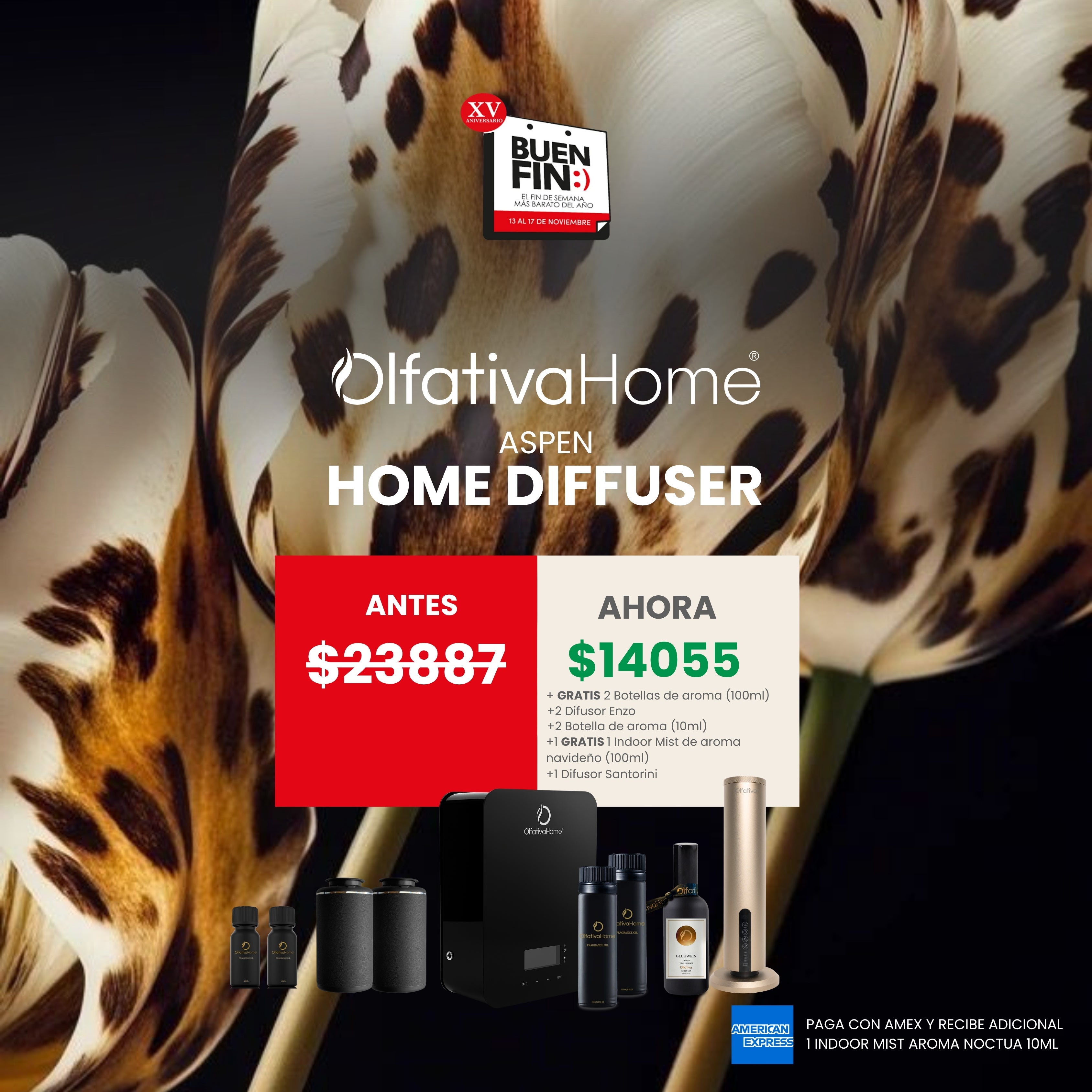 SET Difusor Aspen con Suscripción de aroma + Difusor Santorini PRO con suscripción de aroma. Recibe GRATIS: Dos botellas de Aroma de Nicho de 100 ml (a elegir) + dos Difusores de auto Enzo + dos aromas de 10 ml + un Indoor Mist navideño 100 ml.