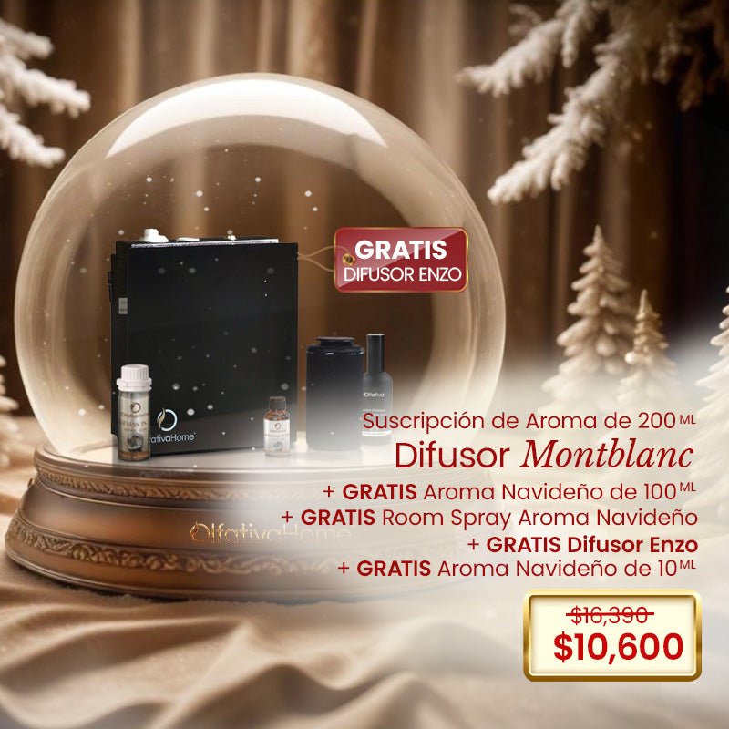 Difusor Montblanc con Suscripción+ una botella de 100ml GRATIS + 1 Enzo GRATIS + 1 botella de aroma de 10 ml GRATIS + Un Room Spray navideño de 100 ml GRATIS - Olfativa Home Difusores con Suscripción promoción