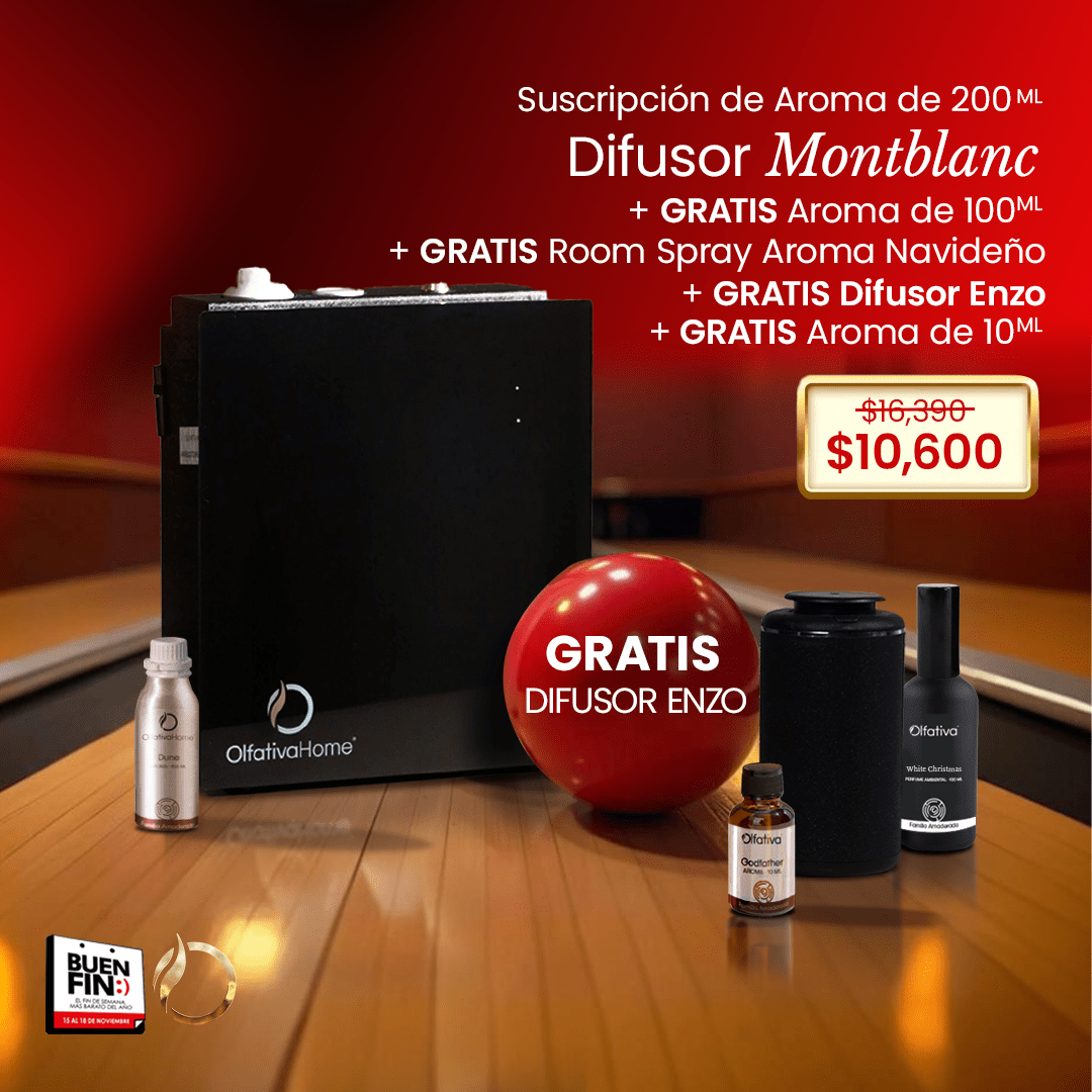 Difusor Montblanc con Suscripción+ una botella de 100ml GRATIS + 1 Enzo GRATIS + 1 botella de aroma de 10 ml GRATIS + Un Room Spray navideño de 100 ml GRATIS - Olfativa Home Difusores con Suscripción promoción