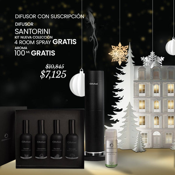 Difusor Santorini con suscripción + una caja de 4 Room Spray GRATIS + una botella de 100 ml GRATIS - Olfativa Home Difusor con Suscripción promoción